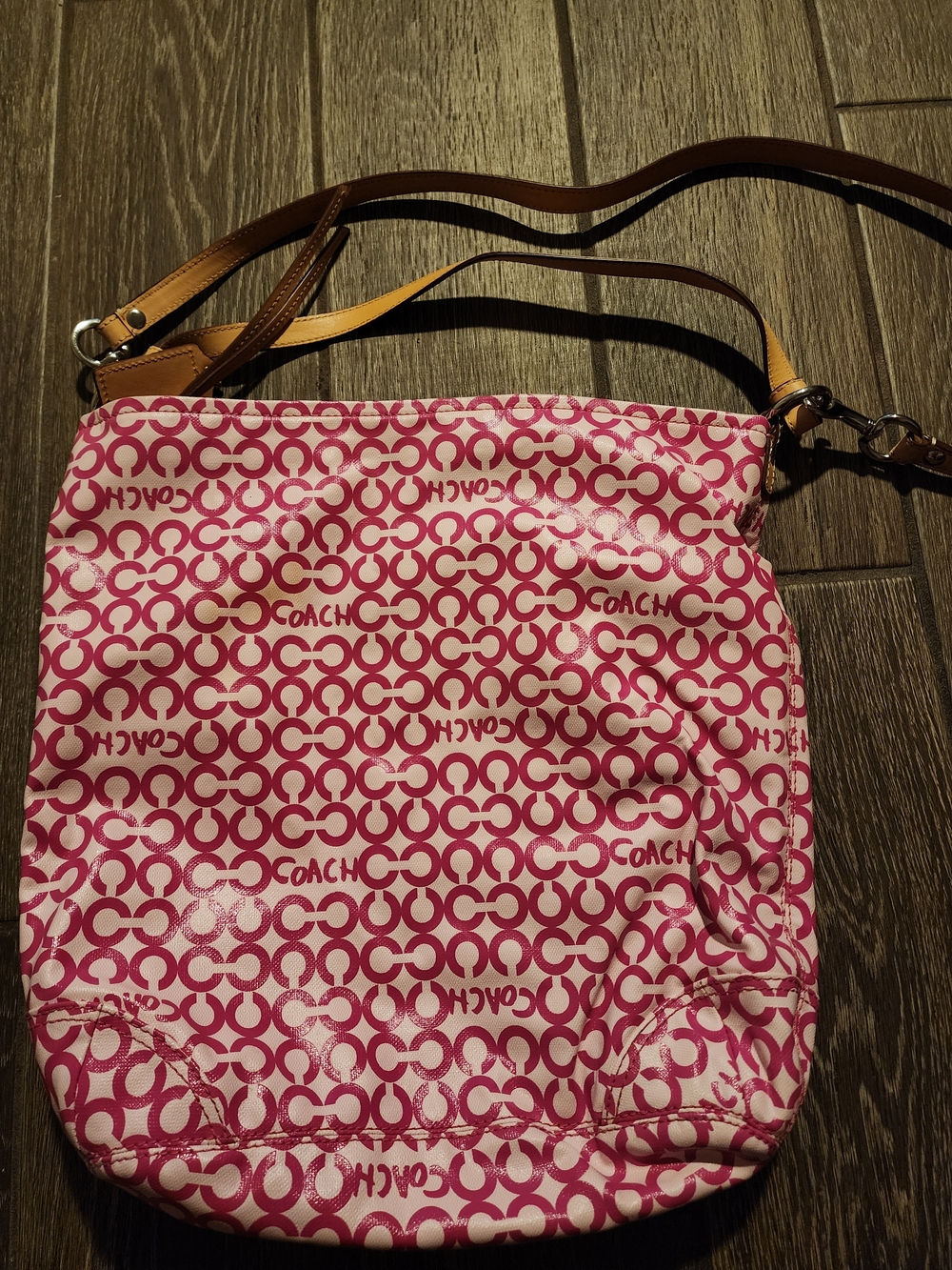 COACH Pink Signature Crossbody with Tan Strap - Picture 2 of 4